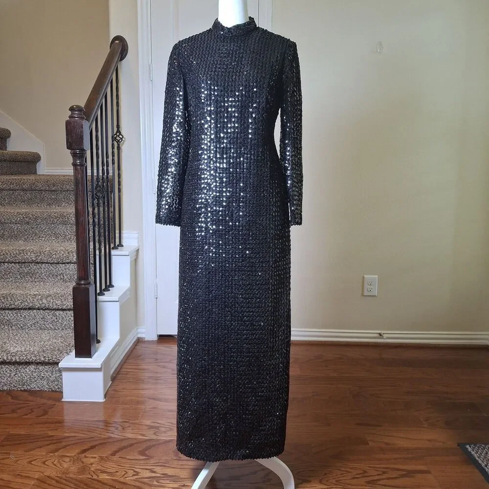 Vintage Union 70s Black Sequin Evening Gown US12 Hollywood Red Carpet Black Tie